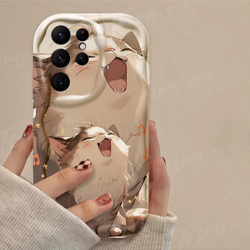 Lovely Music Cat 3D Wave Case For Samsung Galaxy S24 Ultra S23 S22 Plus S21 S20 FE A25 A55 A35 5G Shockproof Silicone Back Cover_voghion.com