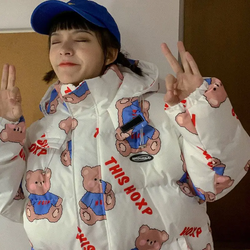 2023 new Cute Bear Print Cotton-padded Coats Warm Thicken Loose ParkasFashion Casual All-match Streetwear Winter Jackets