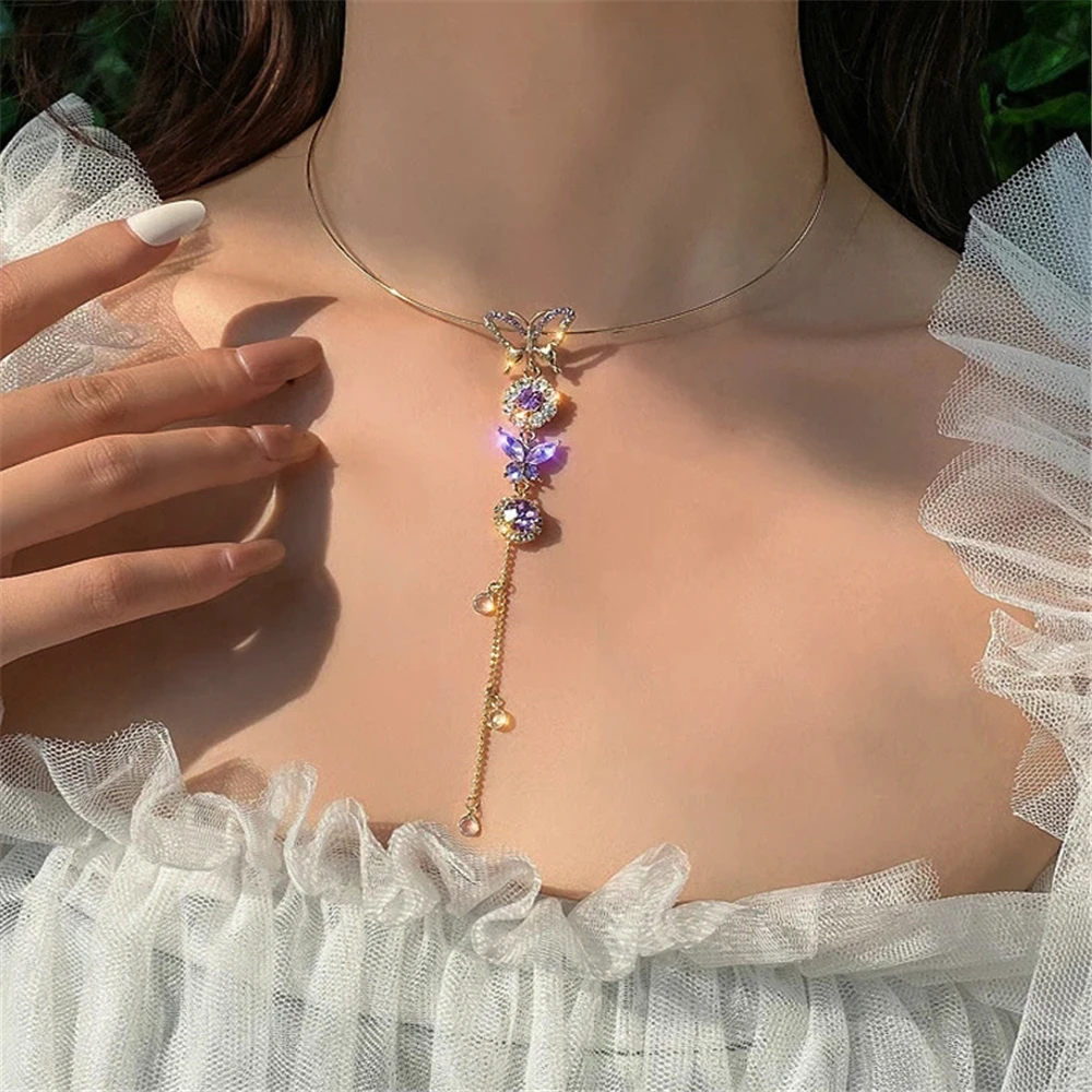 Ins Collar con colgante de mariposa púrpura para mujer, cadena de clavícula ajustable, Collar elegante con borla, collares Vintage, para mujer| | AliExpress