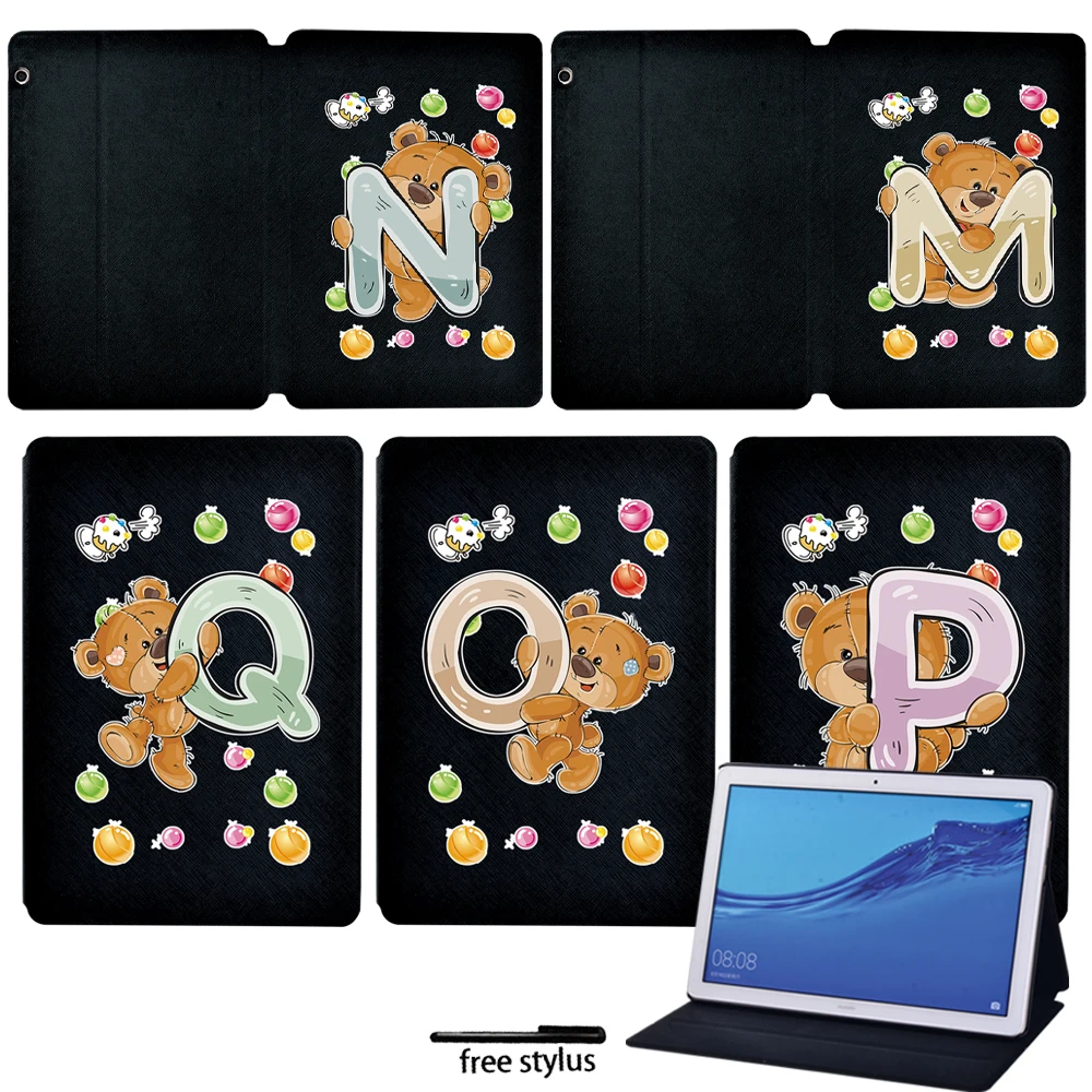 

For Huawei MediaPad T5 10 10.1 Inch/M5 Lite 8 Flip Tablet Case for T3 10 9.6 Inch/T3 8.0 Bear 26 Letters Series Stand Cover