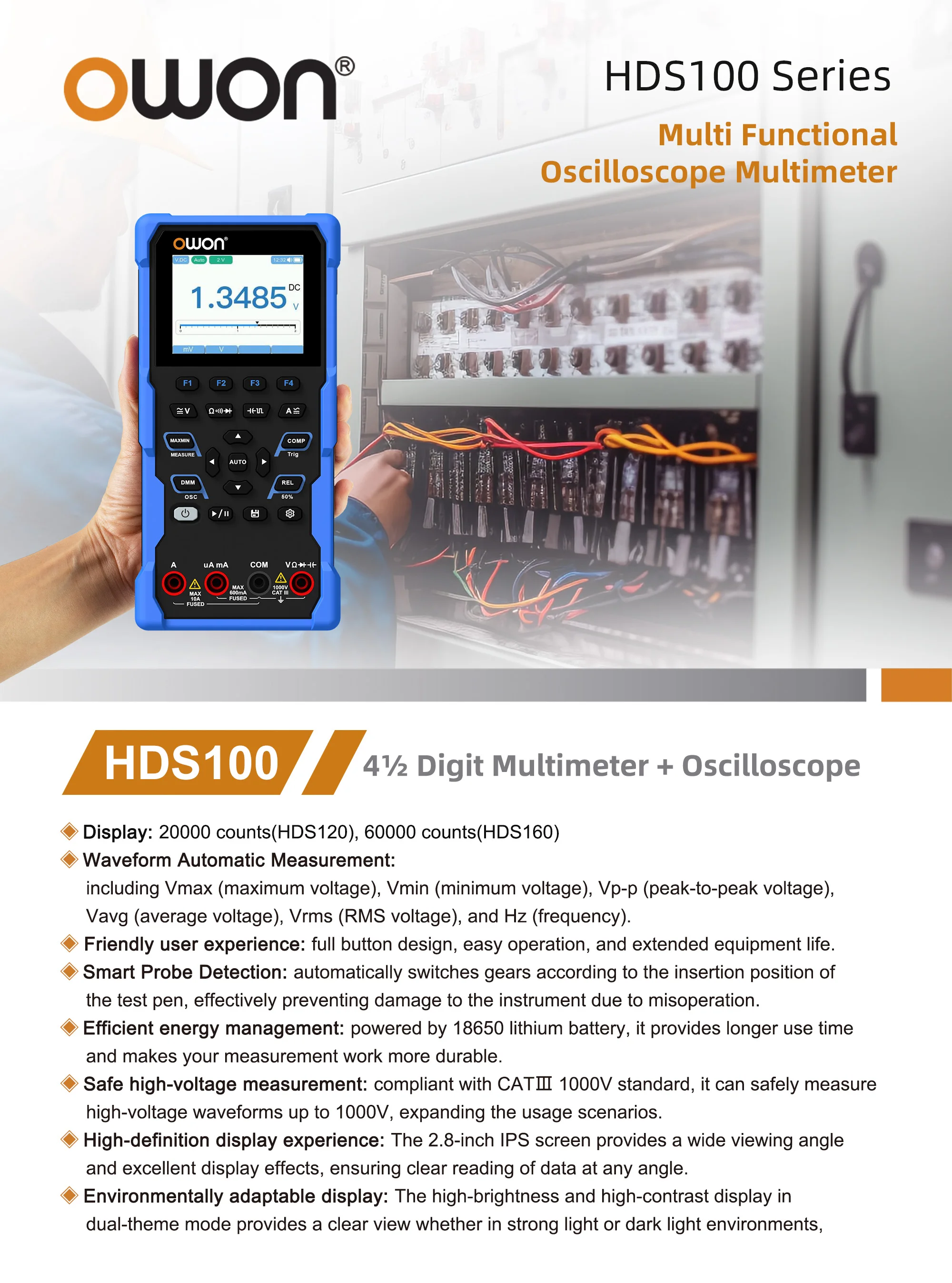 HDS120 HDS160 Digital Oscilloscope Multimeter 20000/60000 Counts True RMS 1MHz 5