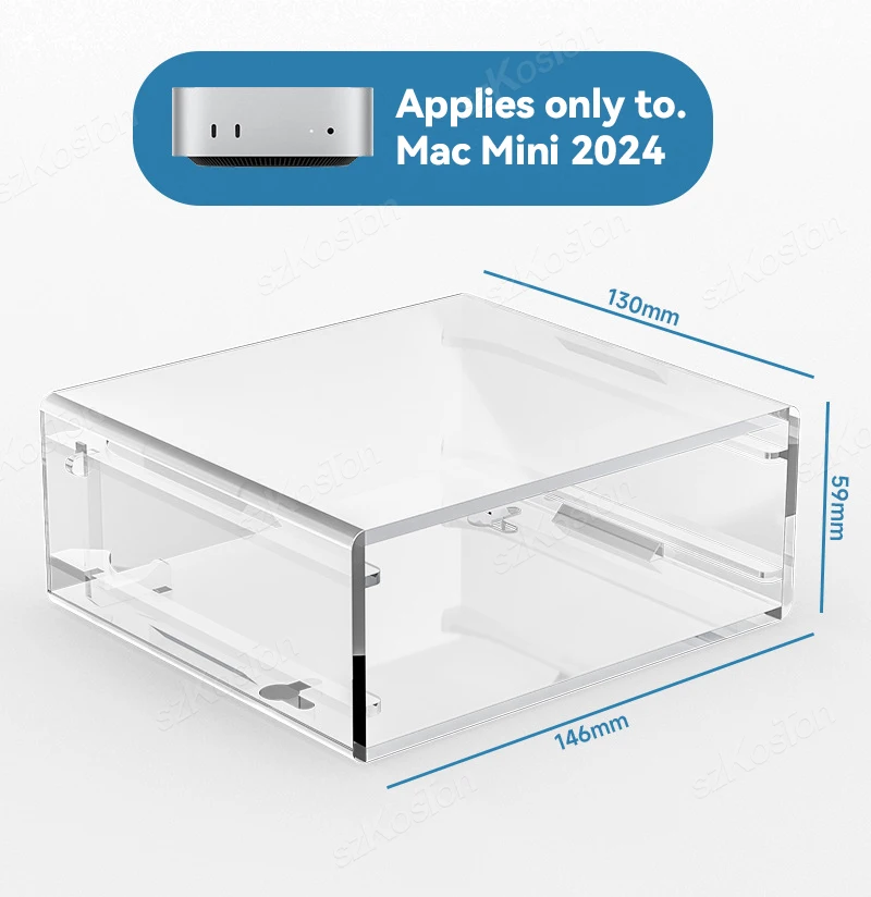 Wall and Undercounter Stand for Mac Mini M4 / M4 Pro Transparent Acrylic Bracket Protective Cover with Power Switch Design