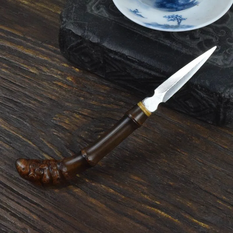 보라색 대나무 뿌리 차 칼, 다마스커스 무늬 강철로 만든 푸얼차 피라미드 개봉 도구 (차 도구용)