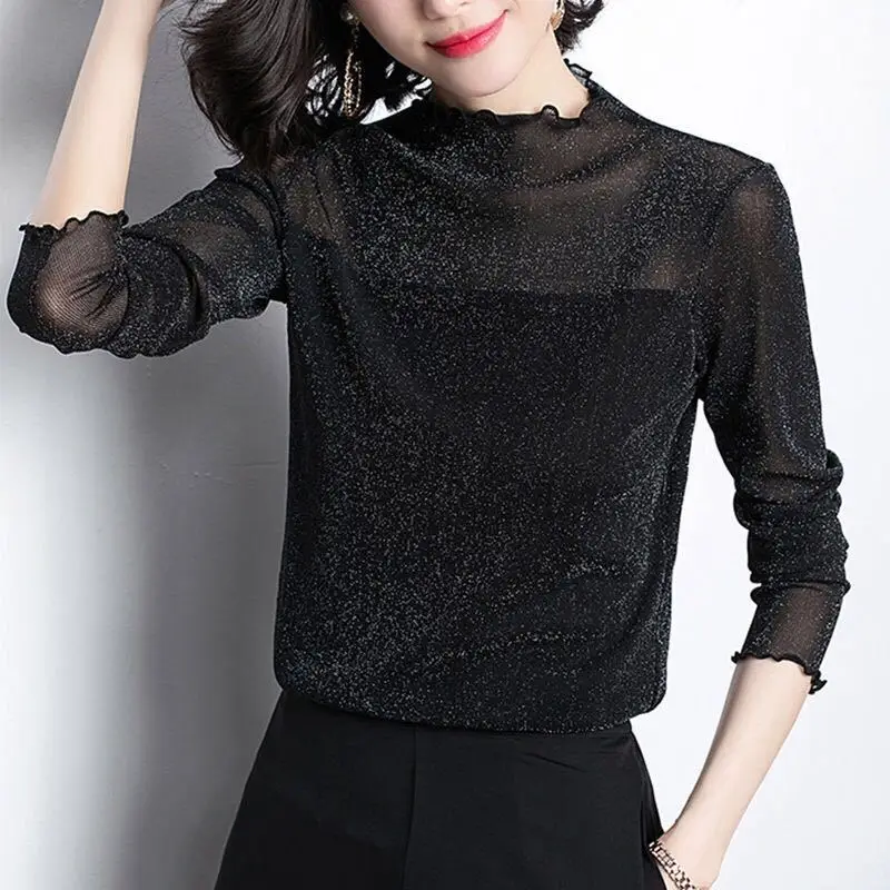 

Thin/Thick Autumn Winter New Mesh Bottoming Shirt Slim Fit Long Sleeved Top Women's Black Ruffled Collar T-shirt M-4XL