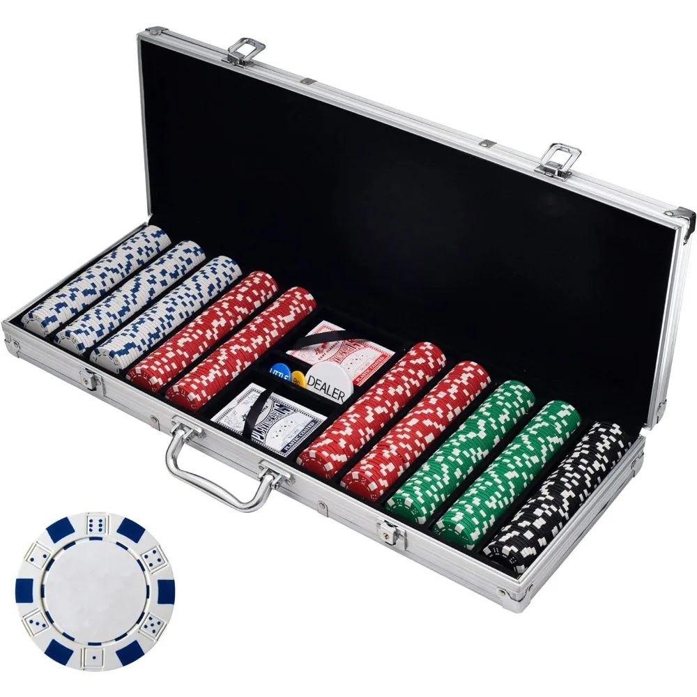 

Chip Set for Texas Hold’em, Blackjack, Gambling with Carrying Case, Cards, Buttons and 500 Dice Style 11.5 Gram Casino Chips