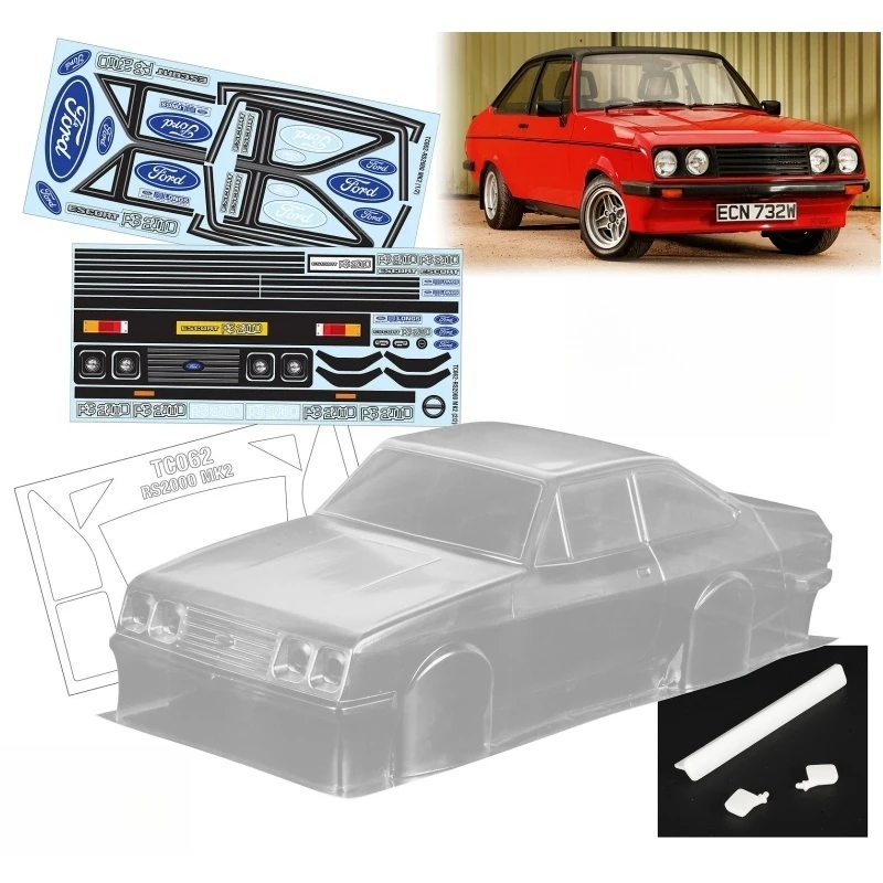 

RC Drift Body 1/10 Ford RS2000 Clear Lexan Body Shell W/Rear Wing, Rearview Mirrors & Color Sticker Decals