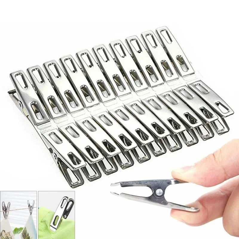 20Pcs Clothes Pegs Stainless Steel Washing Clips Household Clothing Sealing Clip Windproof Clips Hang Pins Metal Clamps