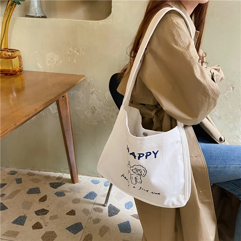 

Fashion Cartoon Cute Bag Canvas Women Large Capacity Casual Printing Harajuku Ins Simple Chic Vintage Art Shoulder Shopping Bags
