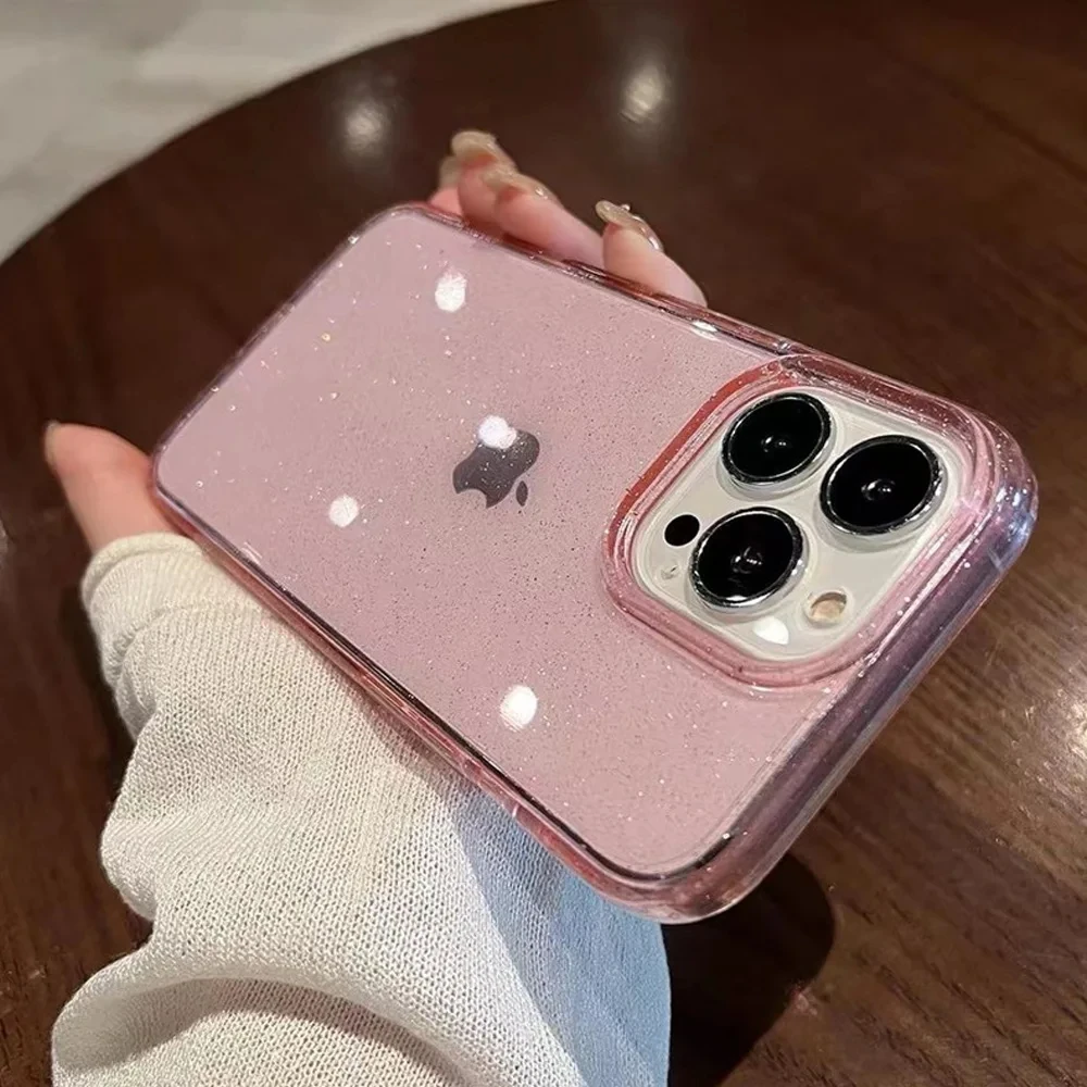Luxury Glitter Bling Bumper Transparent Case For iPhone 15 14 13 11 12 Pro Max Mini X XS Max XR 7 8 Plus Soft purple Cover funda