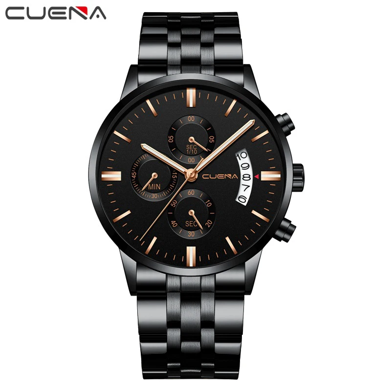 

CUENA Military Watches Men Stainless Steel Band Waterproof Black Quartz Wristwatch Chronograph Clock Male Fashion Sports Watch