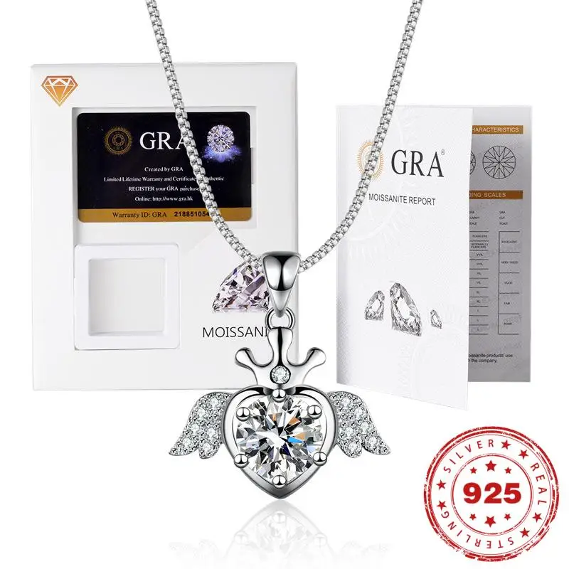 HOYON 1CT D Color VVS Moissanite Necklace For Women Jewelry Fashion Angel Wings Clavicle Chain