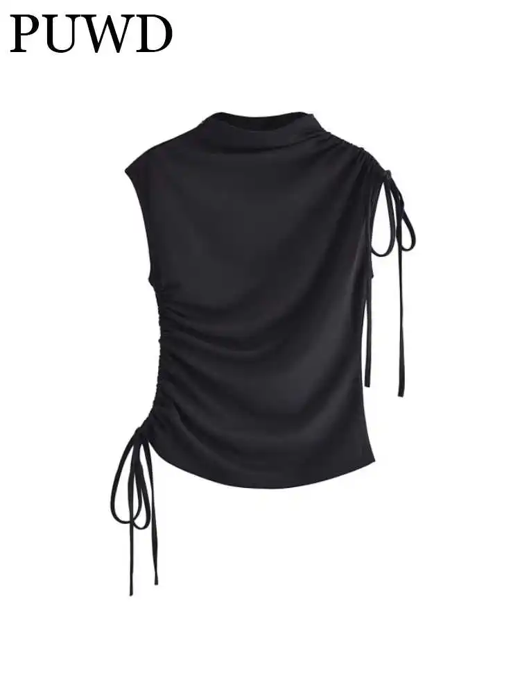 

PUWD Women Fashion Black Side Zipper Soft Strapless Camis 2023 Summer Vintage Black Drawstring Sleeveless Female Tops Chic