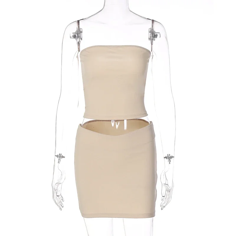 2023 Solid Sleeveless Folds Tube Crop Top Skirts 2 Piece Matching Set Summer Fashion Streetwear Beach Clothing Drop Shipping