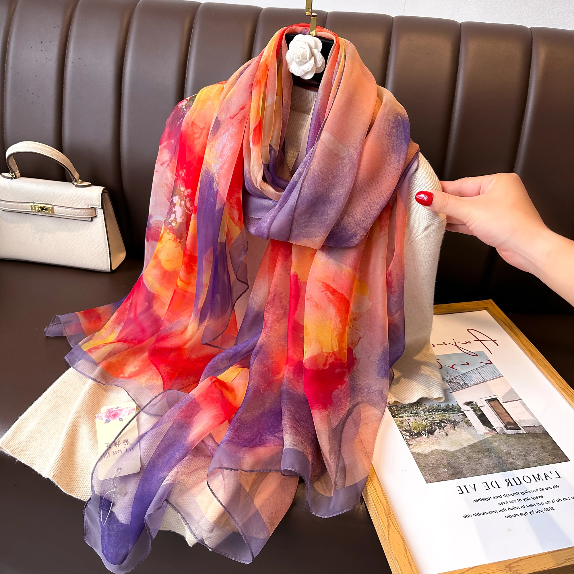 Fashion Satin Finish Sunscreen Scarves Female 180*130CM Style Beach Towel Popular Print Silk Shawl Luxury Dustproof Big Bandanna