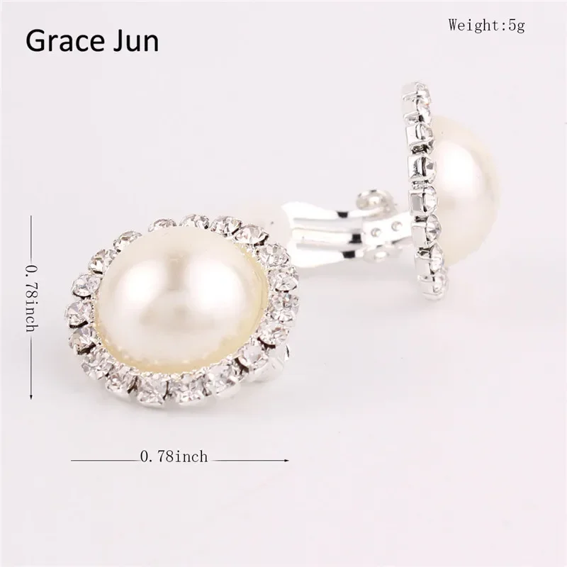 Grace Jun New Design Double Round Shape Rhinestone Clip on Earrings Without Piercing Fashion Simulated Pearl Ear Clip ear clip earrings clip earrings ear clip ear accessories
