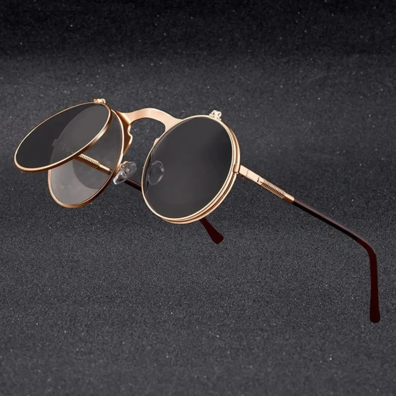 Neue Steampunk-Sonnenbrille, rund, aus Metall, für Damen und Herren, Retro-Stil, Flip-Doppellinsen-Sonnenbrille, kreisförmig, trendige Modebrille