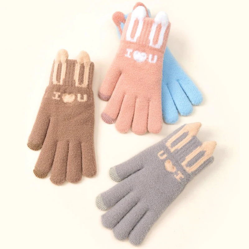 

Women Winter Warmer Touch Screen Gloves Thicken Wool Knitted Cartoon Rabbit Ear Gloves Five Finger Gloves Cycling Ski Mittens