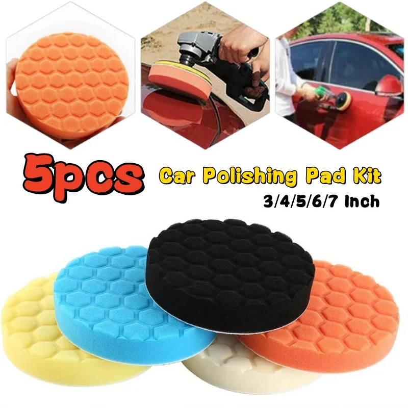 EVGATSAUTO 5-Piece Drill Buffing Pad Set - 3/4/5/6/7 Inch Polishing Sponge Kit For Cars