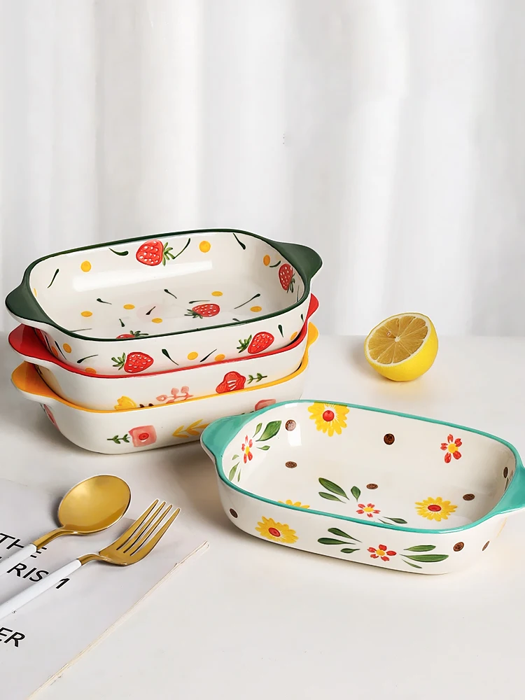 Binaural Ceramic Rectangular Baking Plate Cheese Baked Rice Plate Household Salad Cute Printed Baking Bowl Utensils