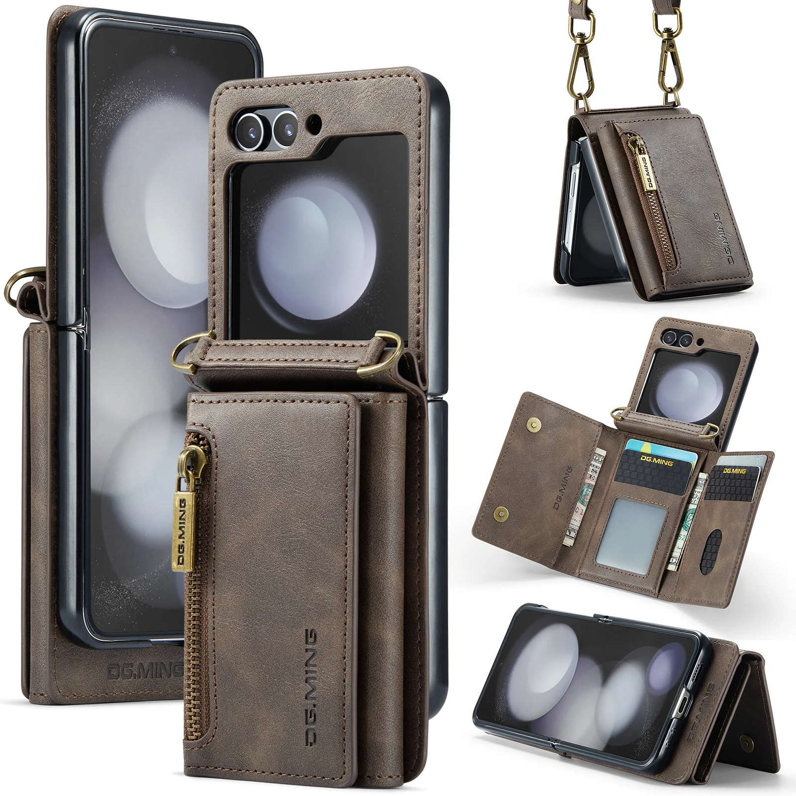 DG.MING M5 Long Strap Crossbody Card Bag Leather Case for Galaxy Z Flip 5/Z Flip 4/Z Flip 3 Folding Zipper Purse Wallet Case