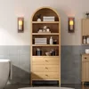 71" Tall Arched Cabinet, 4-Tier Arched Bookcase Storage Display Cabinet with 3 Drawers and Shelves, Modern Farmhouse Bookshelf 6