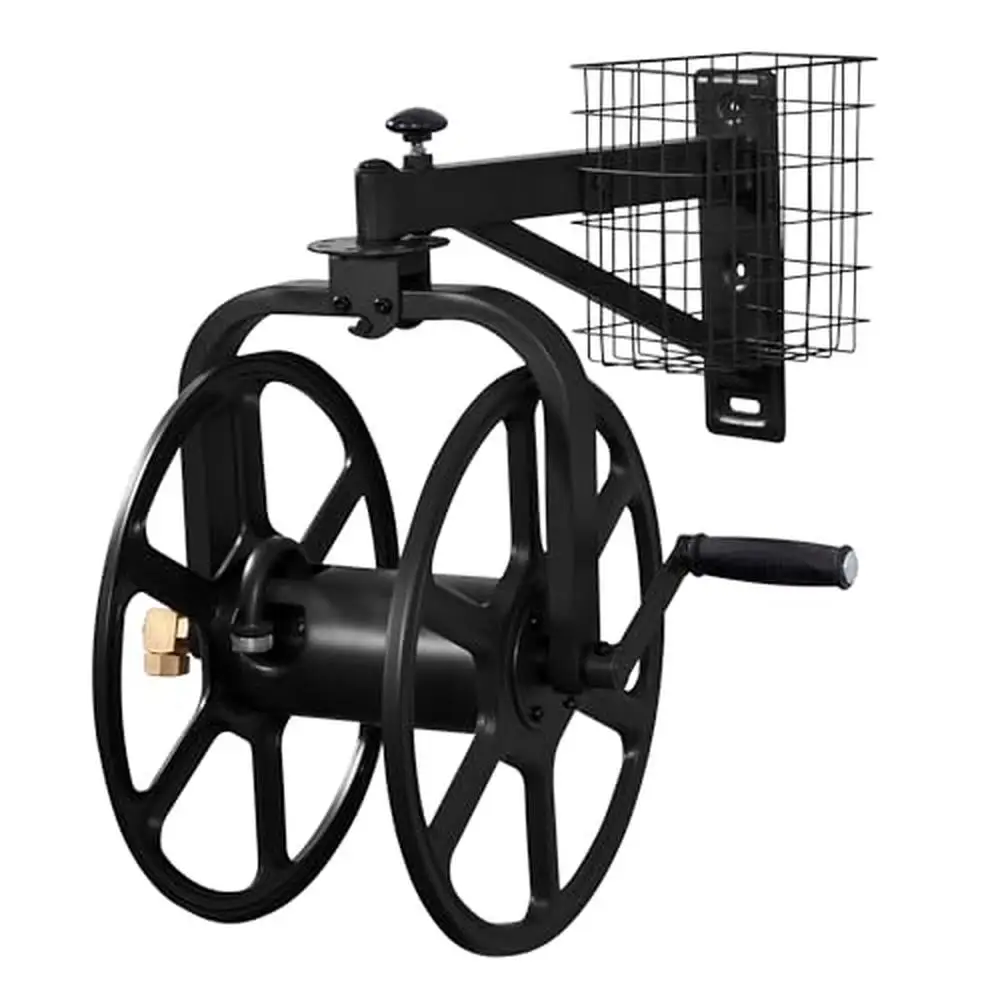 Heavy-Duty Garden Hose Reel Holds 125ft 5/8" Hose Weather Resistant Steel 360&deg; Rotation Storage Tray Brass Swivel Easy Assembly