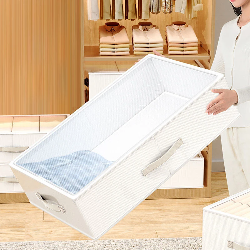 Beige Clothes Storage Bag Cotton linen Wardrobe  Quilt Clothing Organizer  Underwear Sock Box with Transparent Dust Cover 3