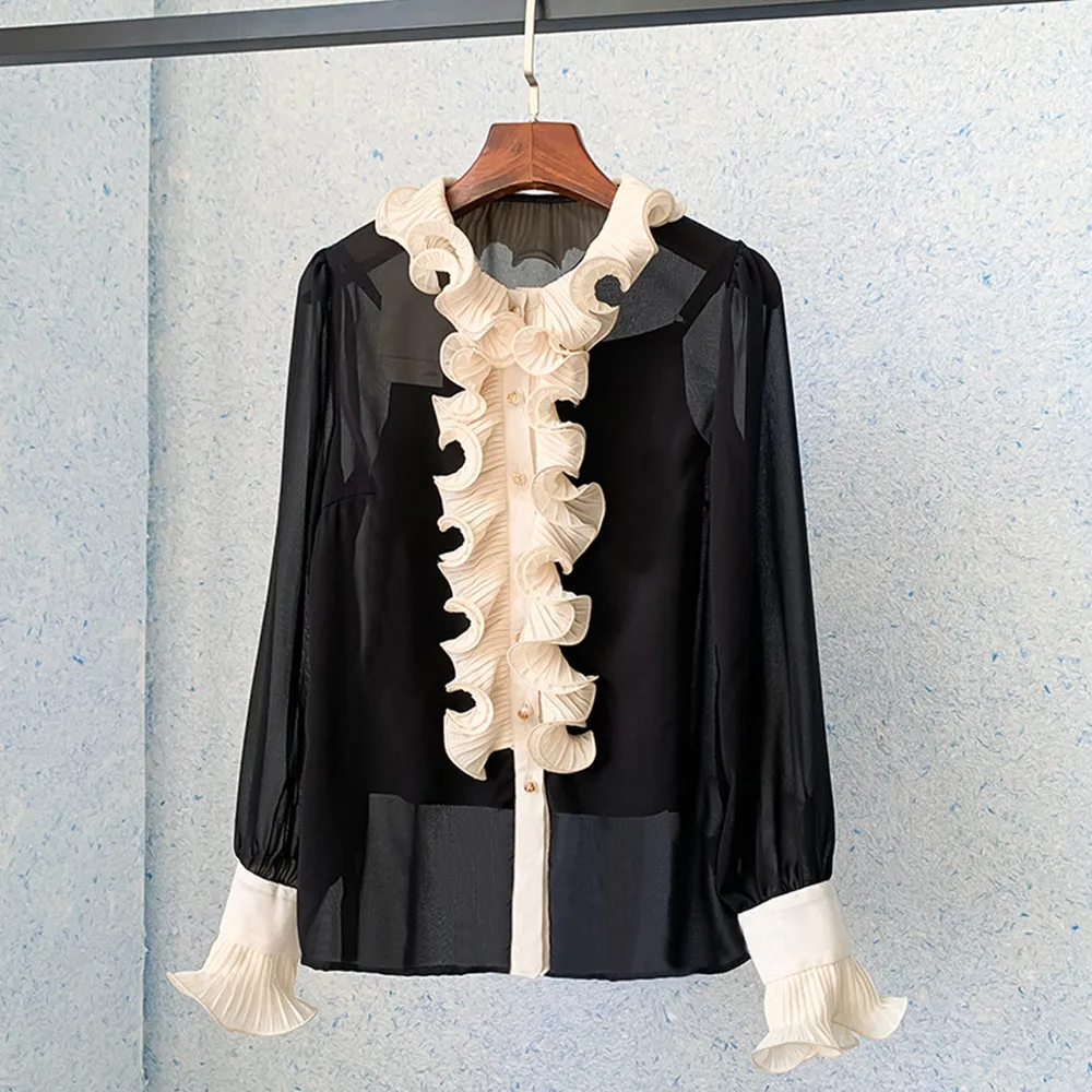 

Spring Summer Elegant Women's High Quality Ruffles Chiffon Shirt C728