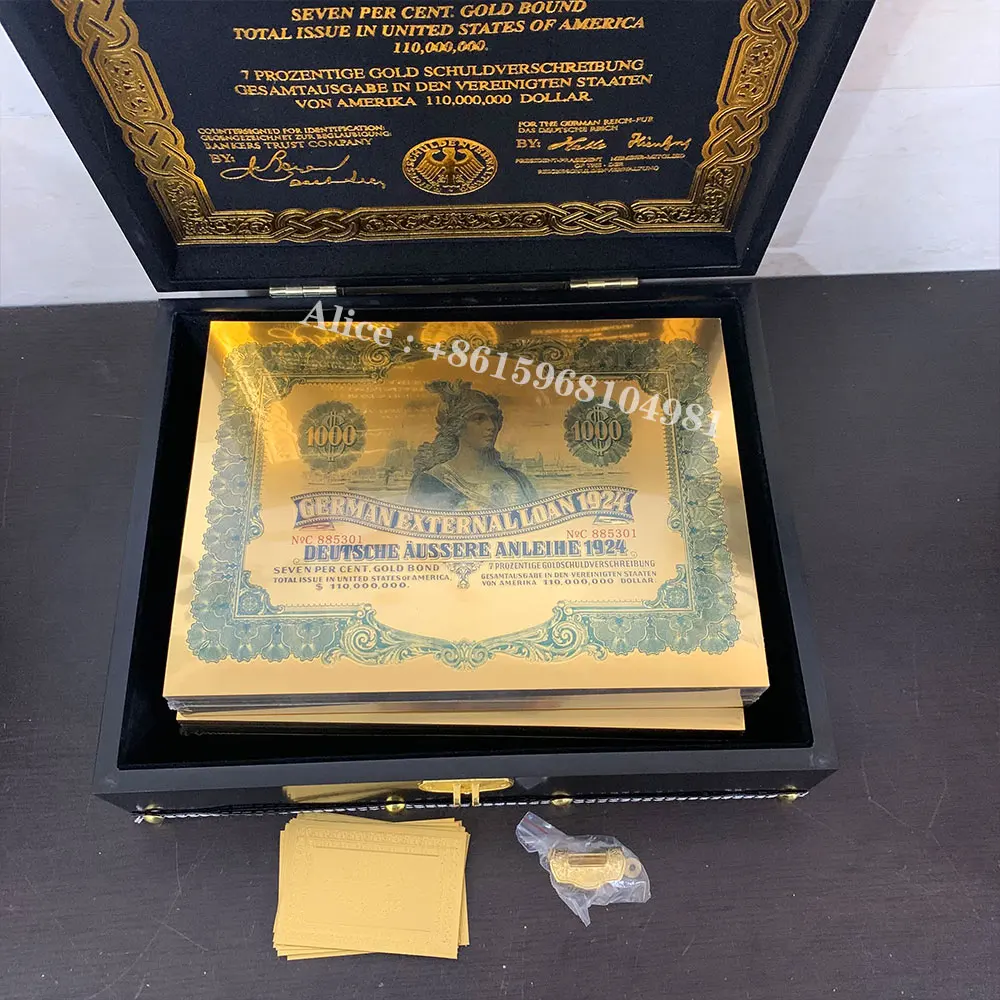 

1924 немецкая облигация внешнего займа, Золотая фольга, серийный номер банкноты с флуоресцентным эффектом в коробке