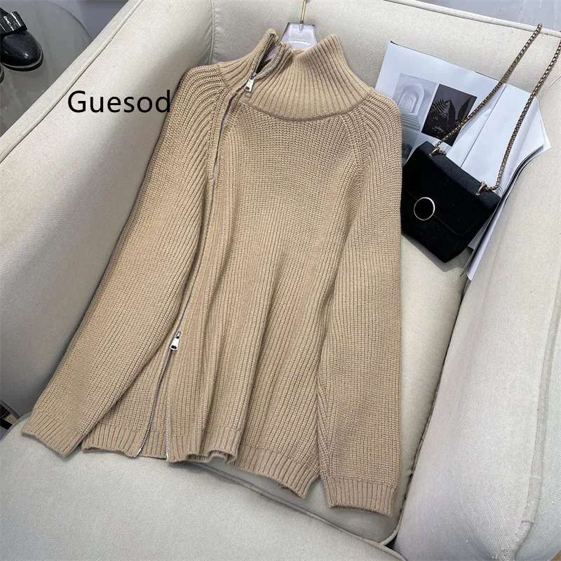 

Women Sweater Designer Zipper Turtleneck Knitting Sweater Female Winter 2022 Loose Long Sleeve Top New