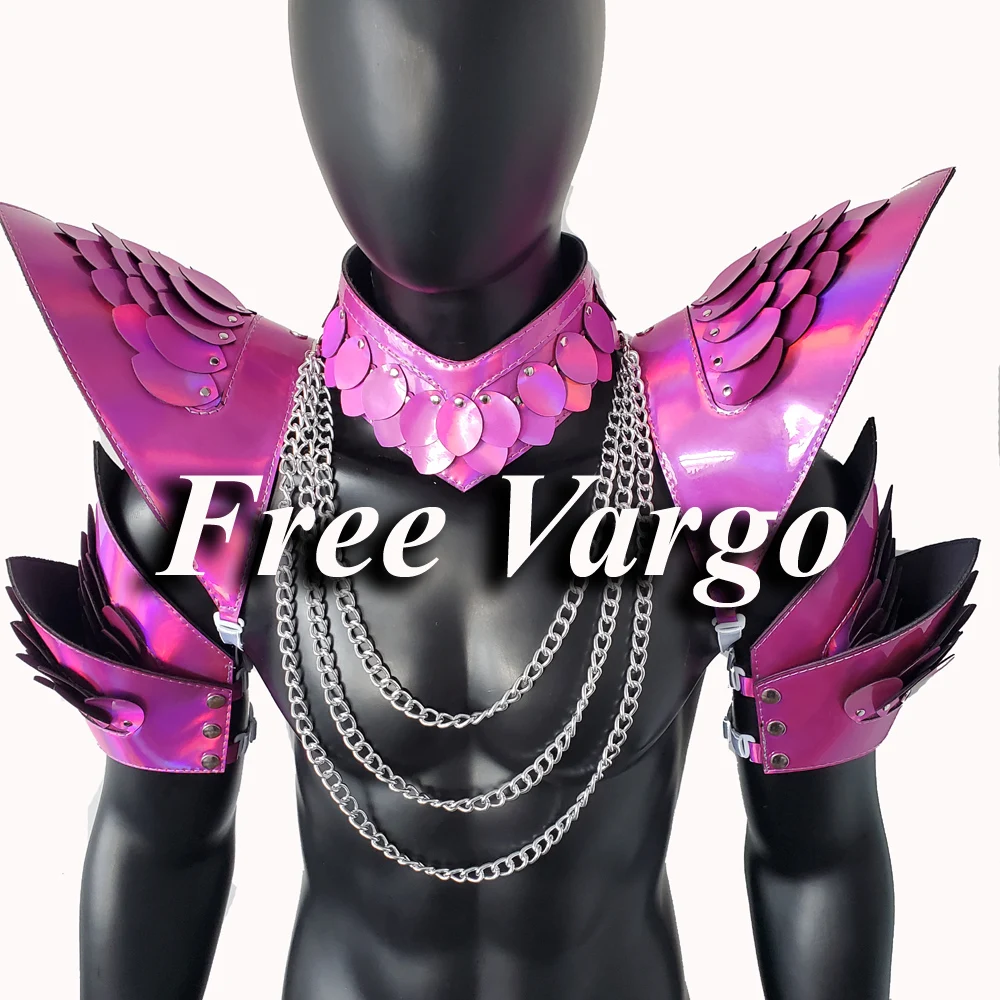

Burning Man Holographic Rave Laser Rosered Dragon Scale Armor with Chain, Rave EDM Feastival Outfits Costume Wear