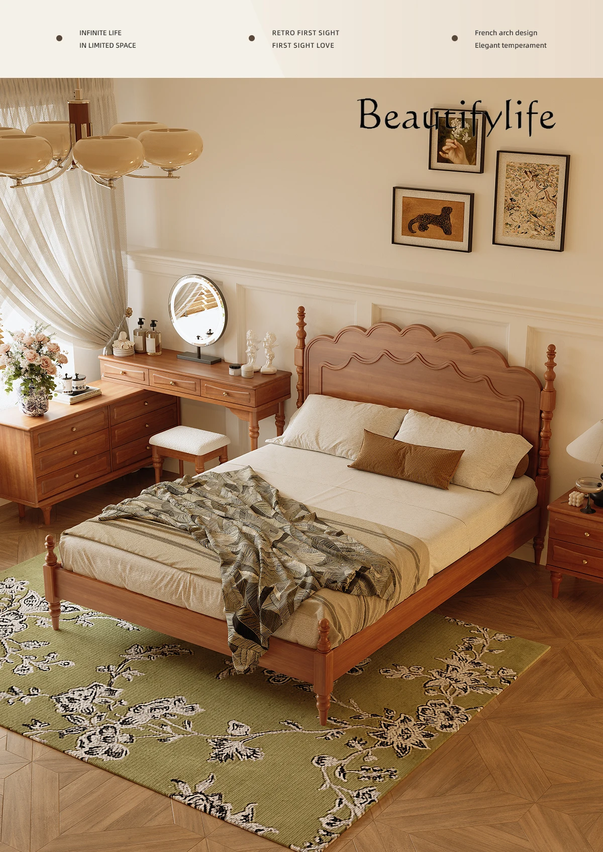 

French Retro Solid Wood Mid-Ancient Style American Bed in Master Bedroom Simple Double Marriage Bed