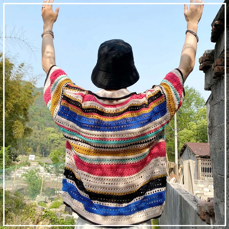 

2024 New Summer Fashionable and Personalized Hollowed Out Contrasting Striped Printed Loose Casual Short Sleeved Polo Shirt