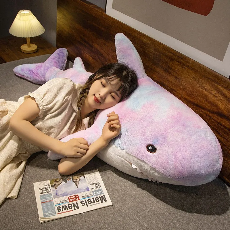 Kawaii Rainbow Colorful Plushie Shark Toys Sleeping Pillow Fish Back Cushion Doll Appease Baby Toy For Children Christmas Gifts