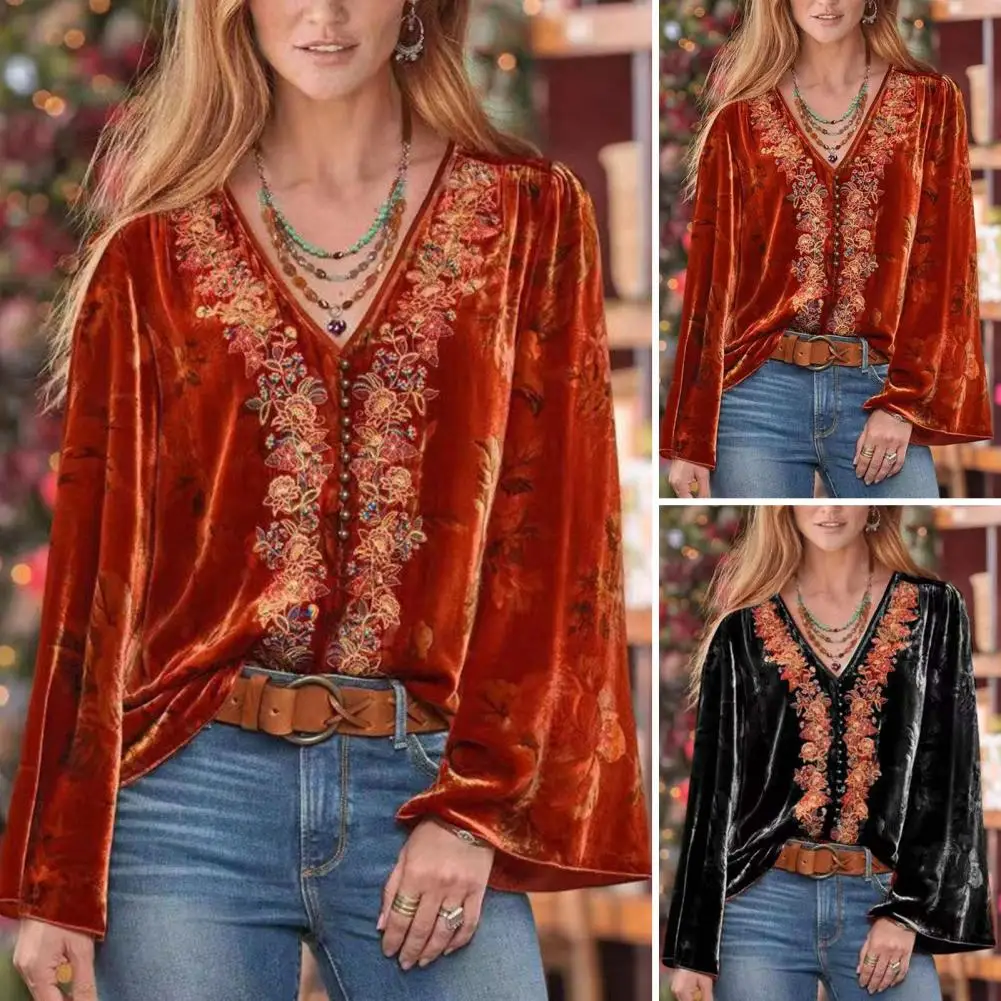 

Floral Neckline Top Vintage Flower Embroidery Pullover Soft Casual Women's Blouse with V-neck Bead Decor Floral Detail V-neck