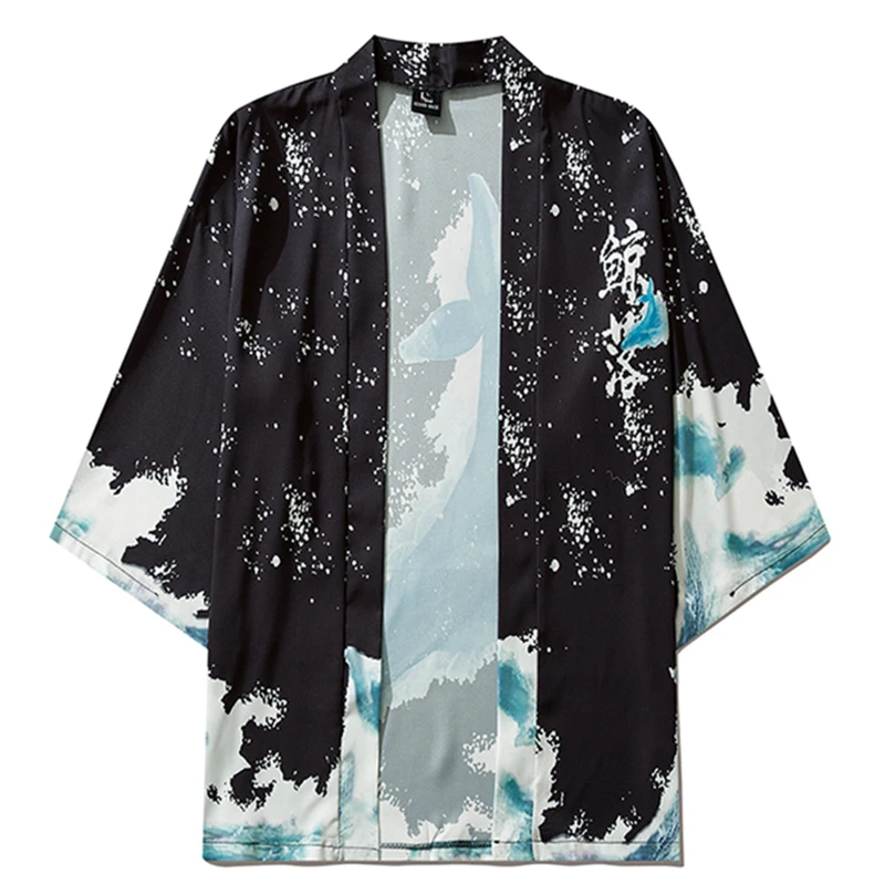 Whale Print Japanese Traditional Shirts Streetwear Coat Women Men Black Yukata Cardigan Kimono Fashion Casual Haori Clothing