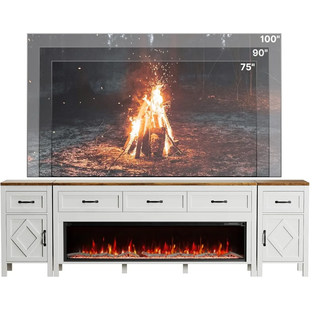 Farmhouse TV Stand with Fireplace for TVs Up to 100 Inch,Entertainment Center with 60" Electric Fireplace,98" TV Console with St 4