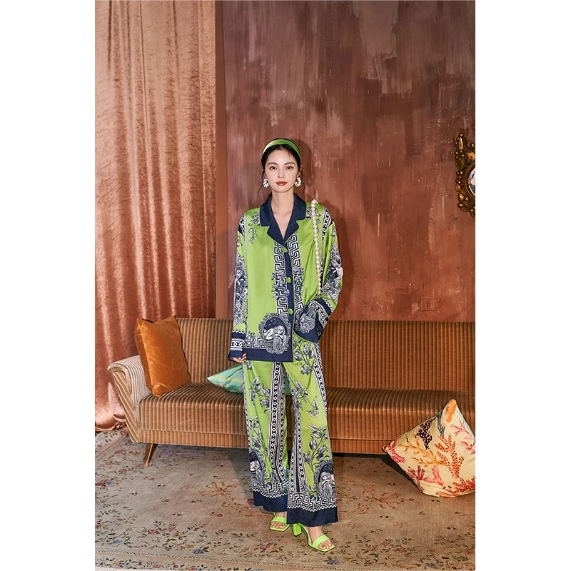 Spring Silk Pajamas for Female Satin Vintage Printed Sleepwear 2 Pieces Set Long Sleeve Loose Luxury Women's Autumn Home Suit