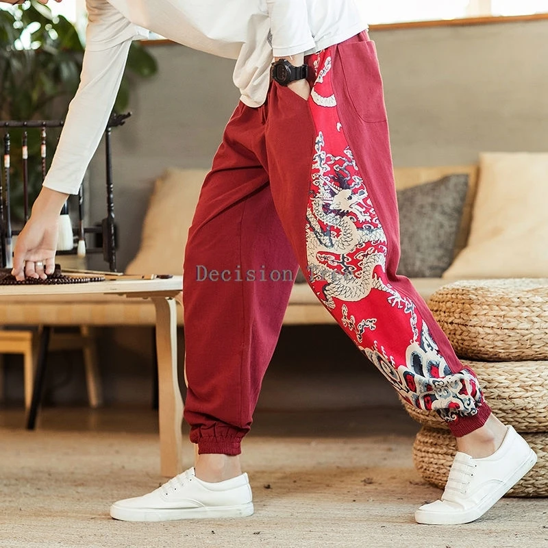summer men chinese ethnic style tang suit pants exquisite dragon embroidery cotton linen trousers loose casual wushu pants