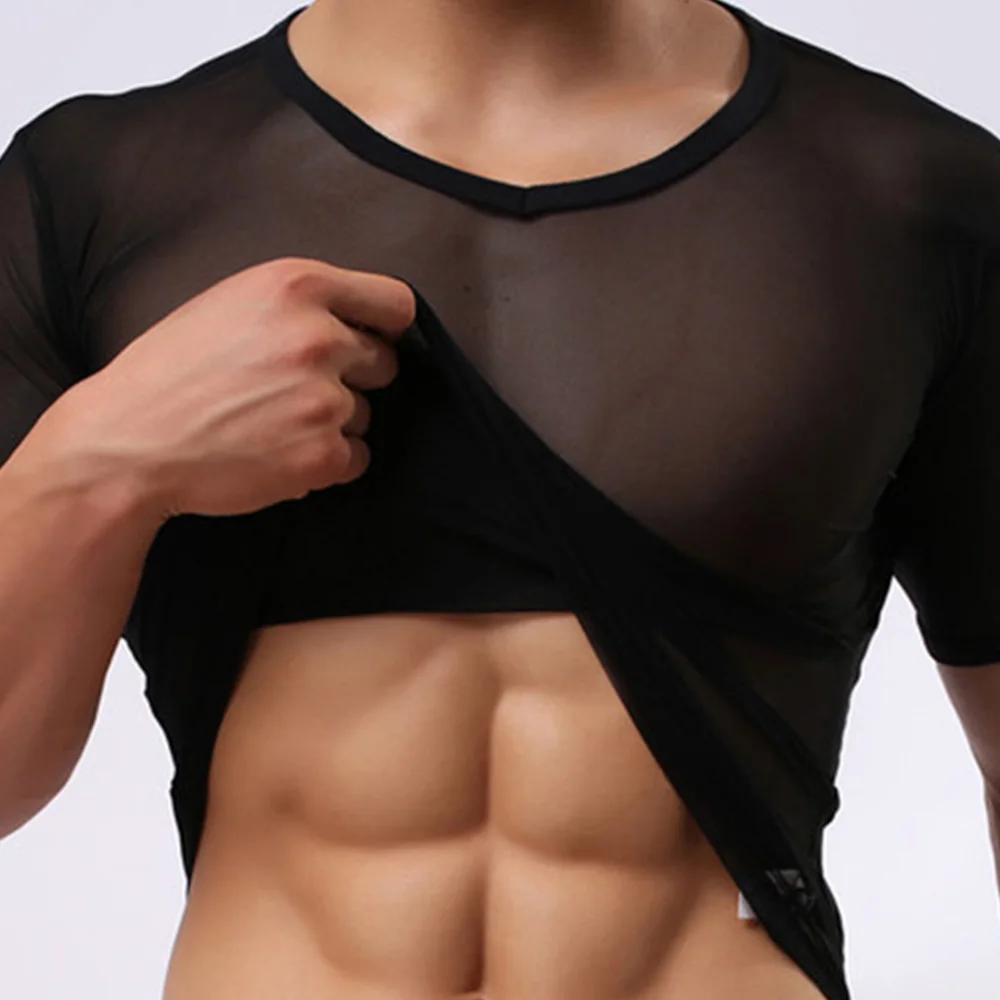 Men Mesh T Shirt Sexy Short Sleeve Muscle Undershirts Summer Ultra-thin Transparenr See Through Tee Shirt O-Neck Slim men mesh t shirt men underwear