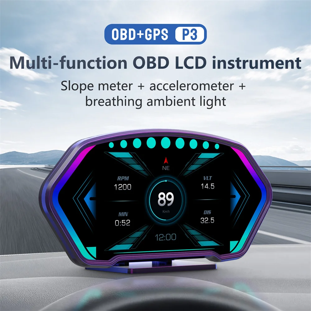 

P3 OBD +GPS HUD Car Head Up Display Digital Tachometer Speedometer Odometer Clock Voltmeter Slope Meter Compass Altitude Fuel