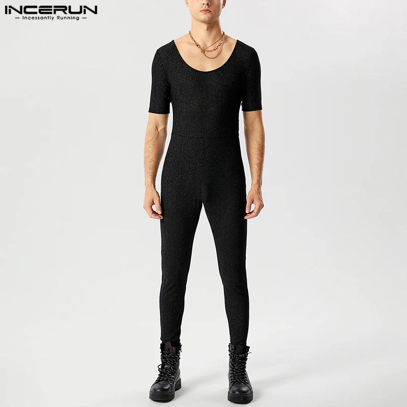 

Sexy Style Men's Bodysuits Flash Fabric Mesh Perspective Design Jumpsuits INCERUN Casual Large U-neck Short Sleeve Rompers S-5XL
