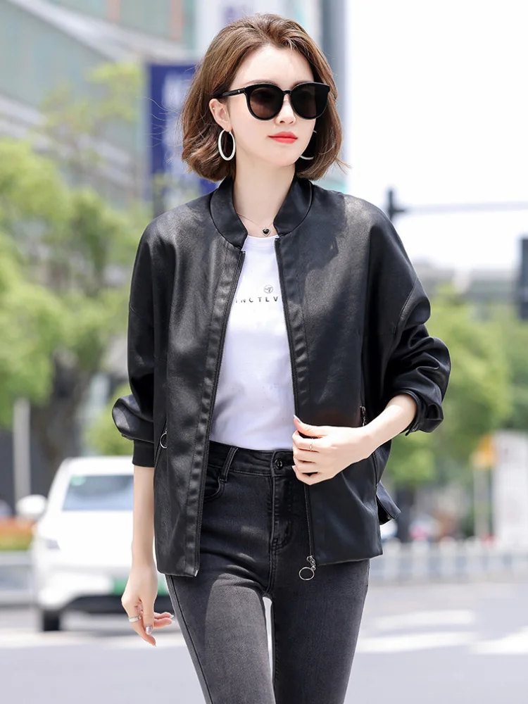 New Women Casual Leather Jacket Spring Autumn Fashion Batwing Sleeve Oversized Sheepskin Jacket Loose Split Leather Outerwear