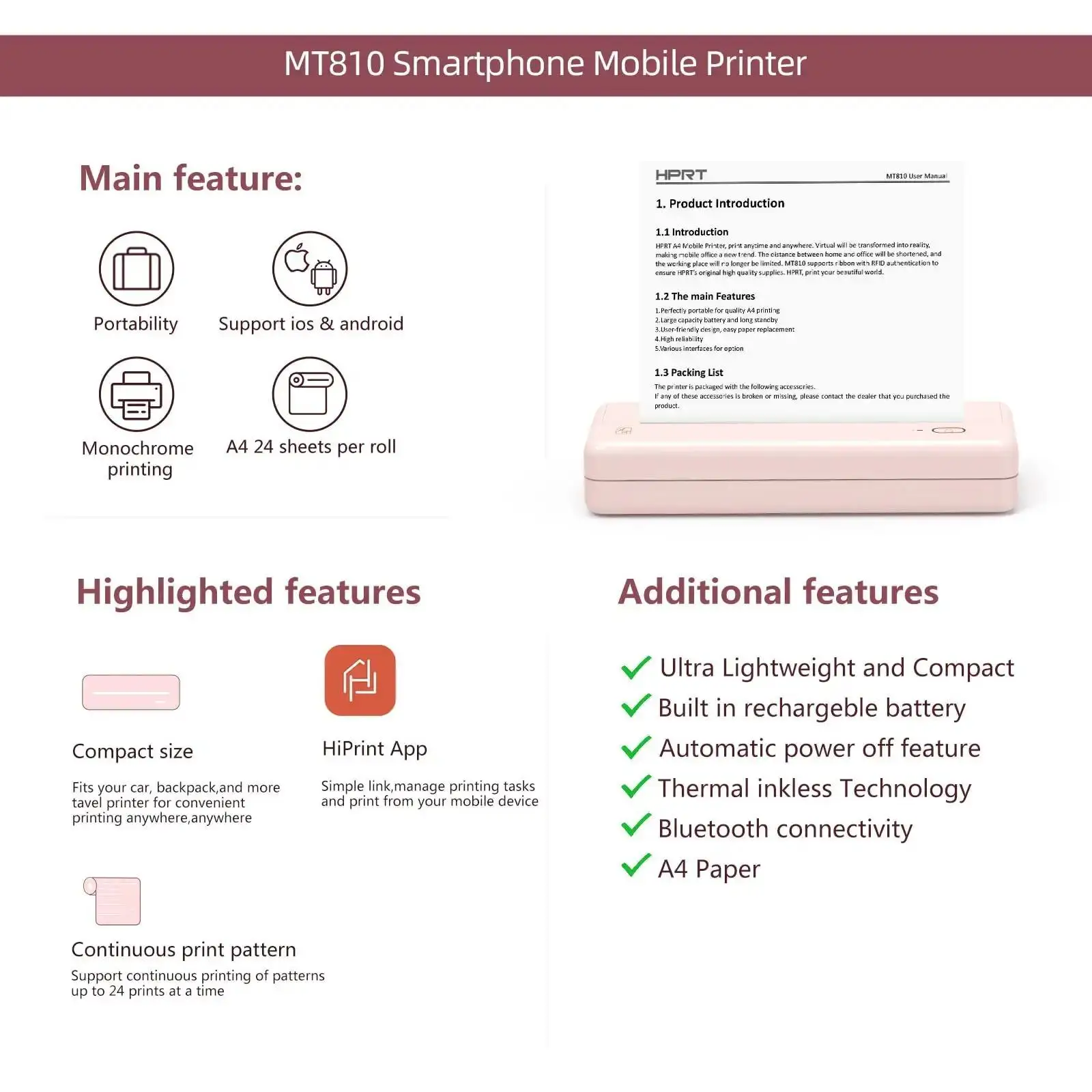 HPRT A4 Portable Thermal Printer Photo Document A40 Thermal Paper Inkless Bluetooth Mobile Printers for Home,Office Use