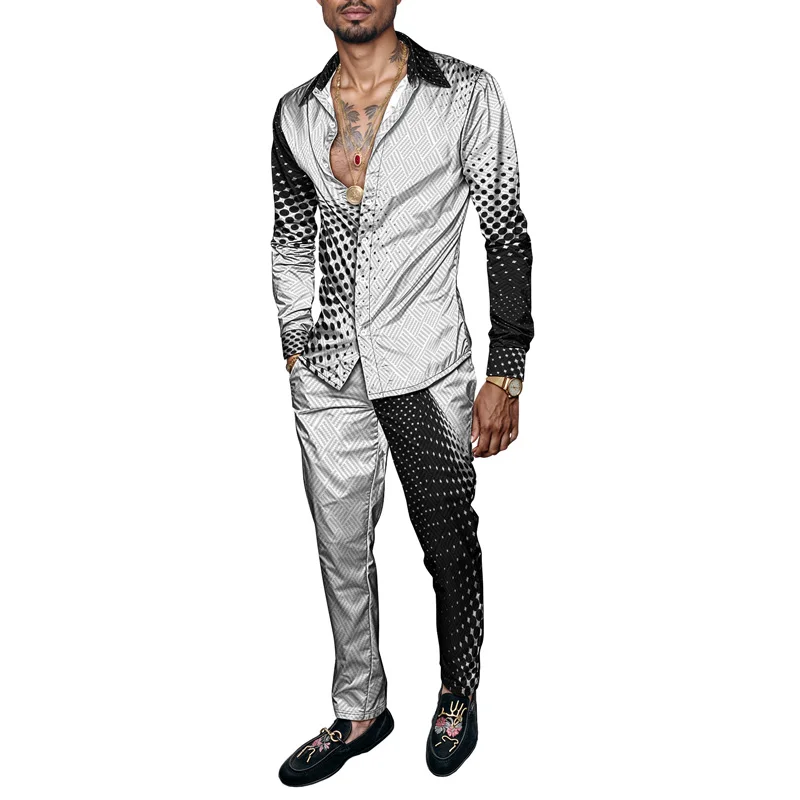 2025 New Arrival Men Shirt Set Geometry Print Summer Fashion Simple Two Piece Set Mens Gradient Lightweight Party Long Sleeves_voghion.com