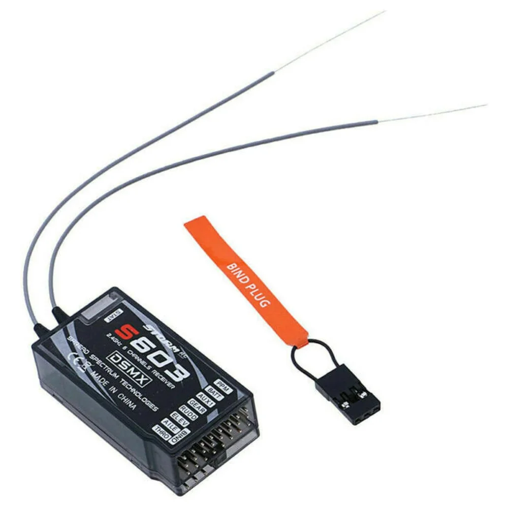 Récepteur S603 6CH DSM-X/DSM2 2.4GHz pour RC, connecteurs servo et antenne visibles