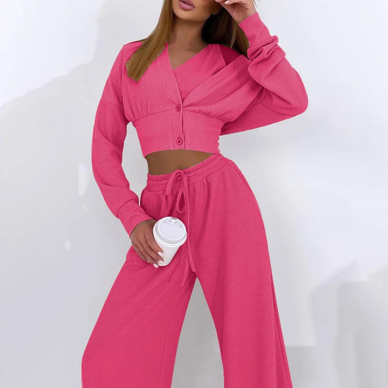 

Autumn 3 Piece Outfits Matching Sets Women Ribbed Knit Cardigan Cropped Tank Tops Wide Leg Pants 2023 New Fashion Outfits
