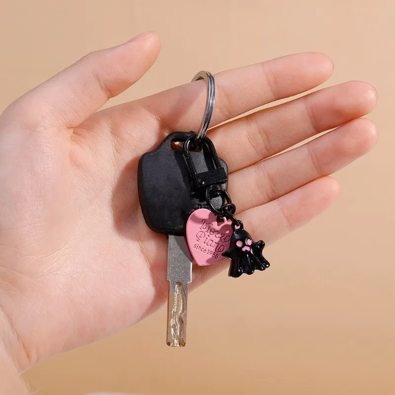 Cute Personalized Sweet Cool Ghost Love Shaped Key Ring Pink Black White Versatile Charming Fasionable Round Buckle Key Chain