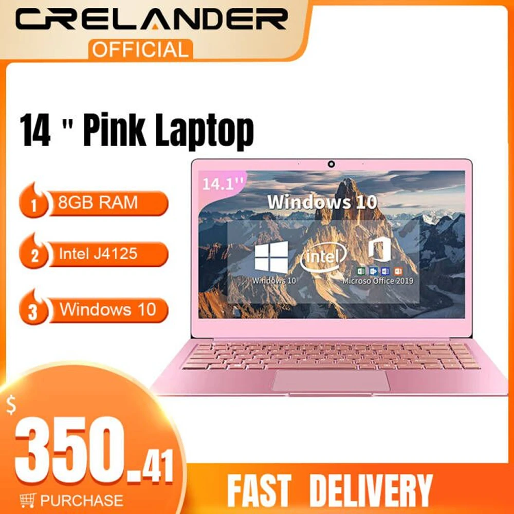 Crelander Pink Laptop 14 Inch Intel J4125 Processor 8gb Ram 256gb Ssd