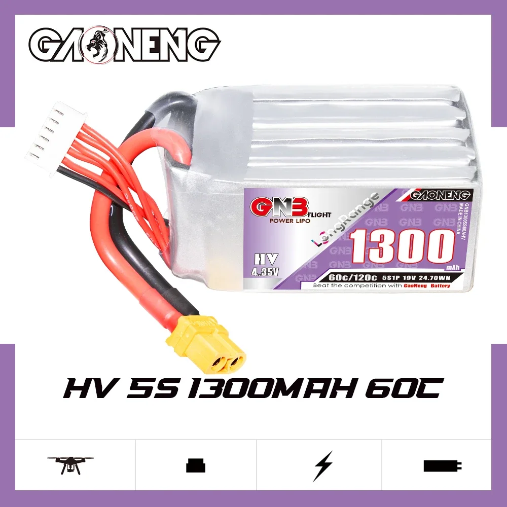 

GAONENG GNB 1300mAh HV 5S 60C 120C 19V XT60 LiPo Battery Long Range 5 to 6 inch Drone Chimera5 Evoque F5D/F5X Racing Pilot FPV